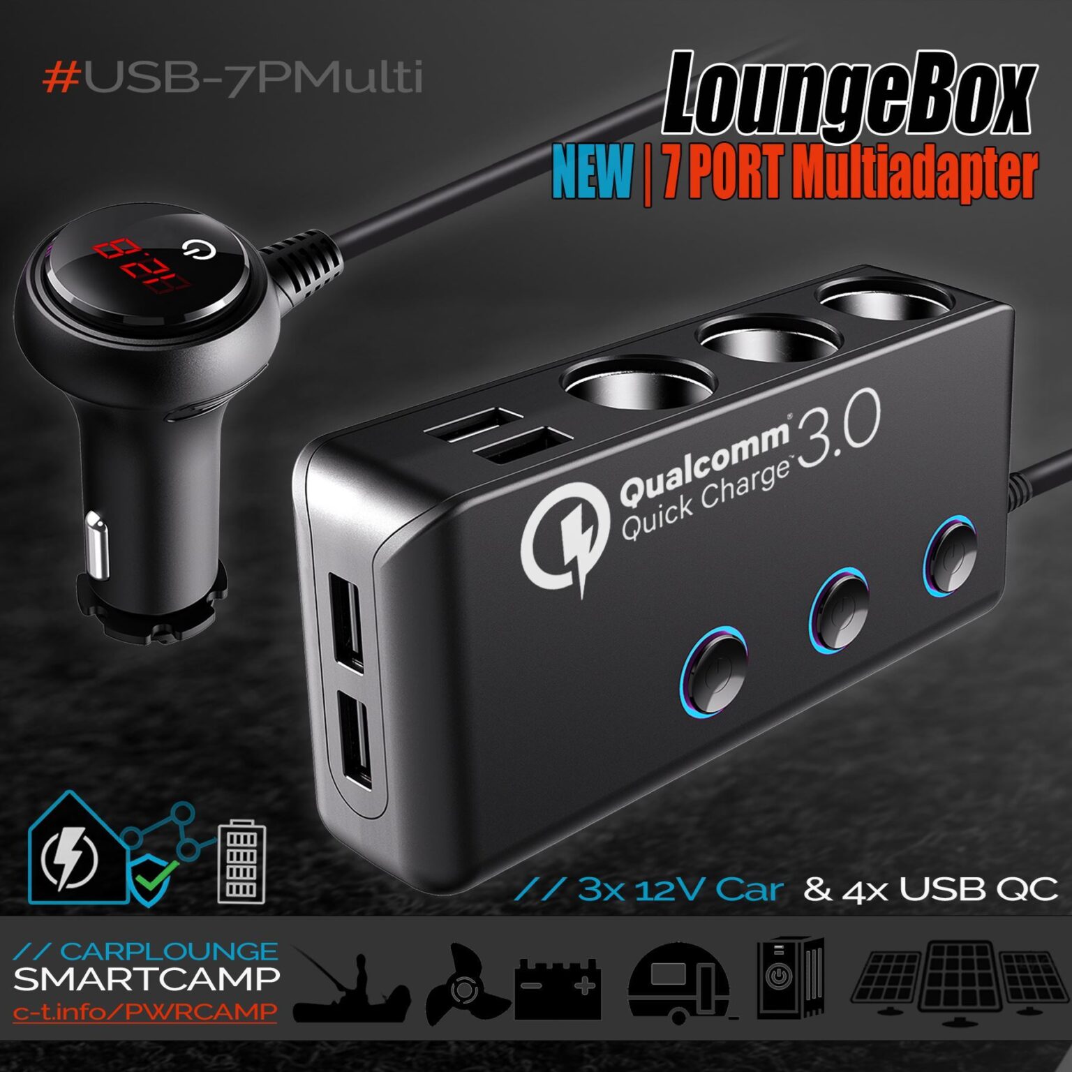 Autonabíjačka LoungeBox 12V USB-QC 7-portová